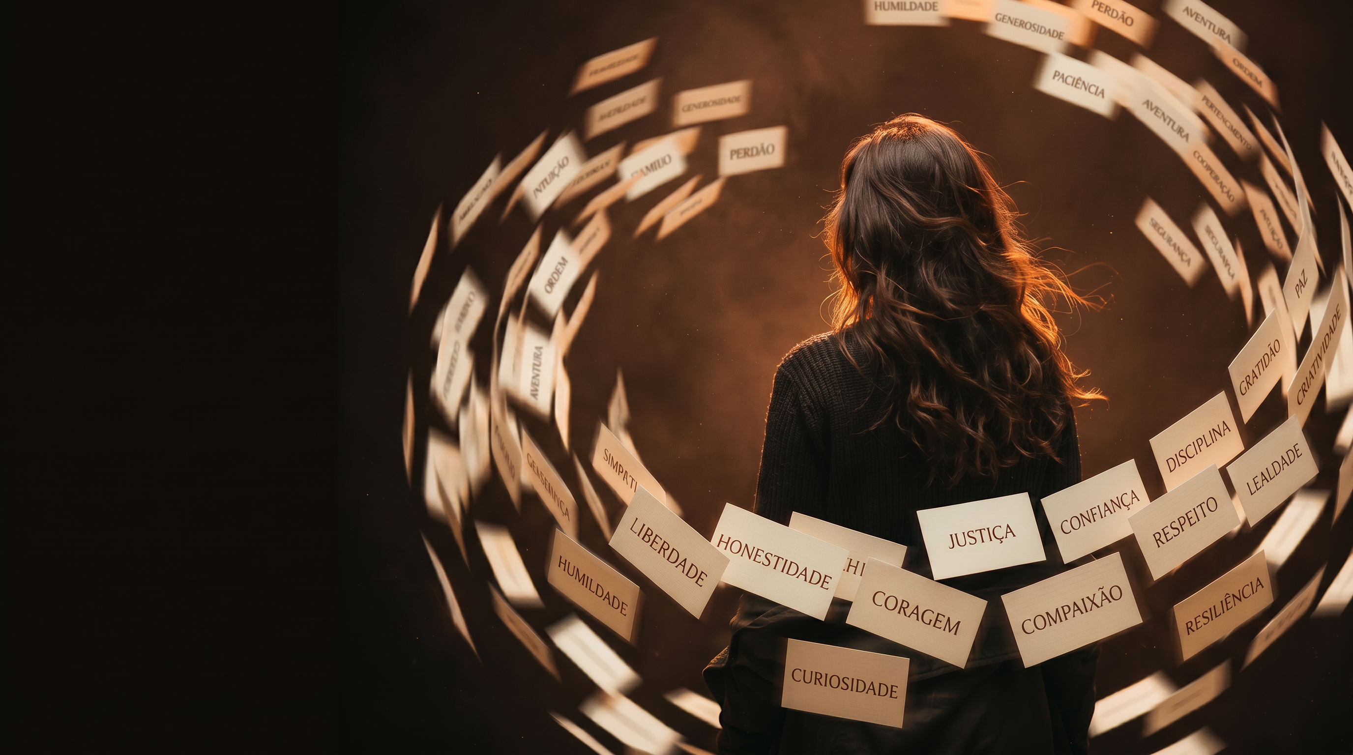 Pessoa de costas enquanto um vórtice de cartas com nomes de valores gira ao redor dela